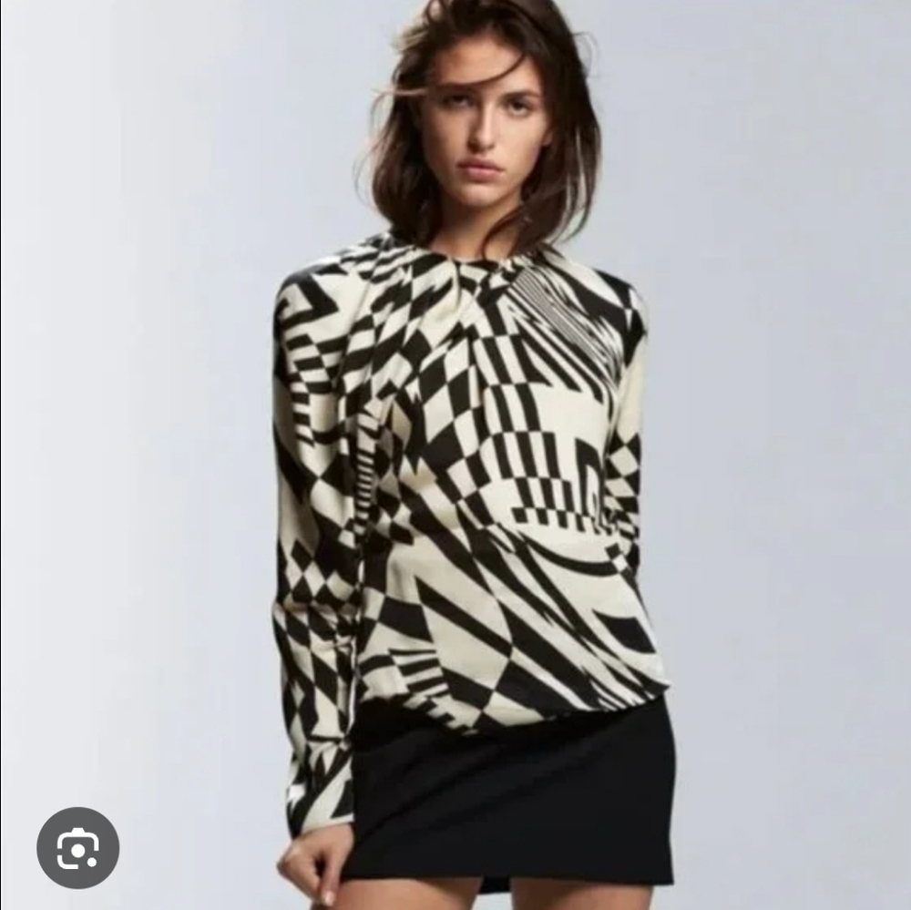 Zara Black and White Geometric Blouse Silk Like Feel